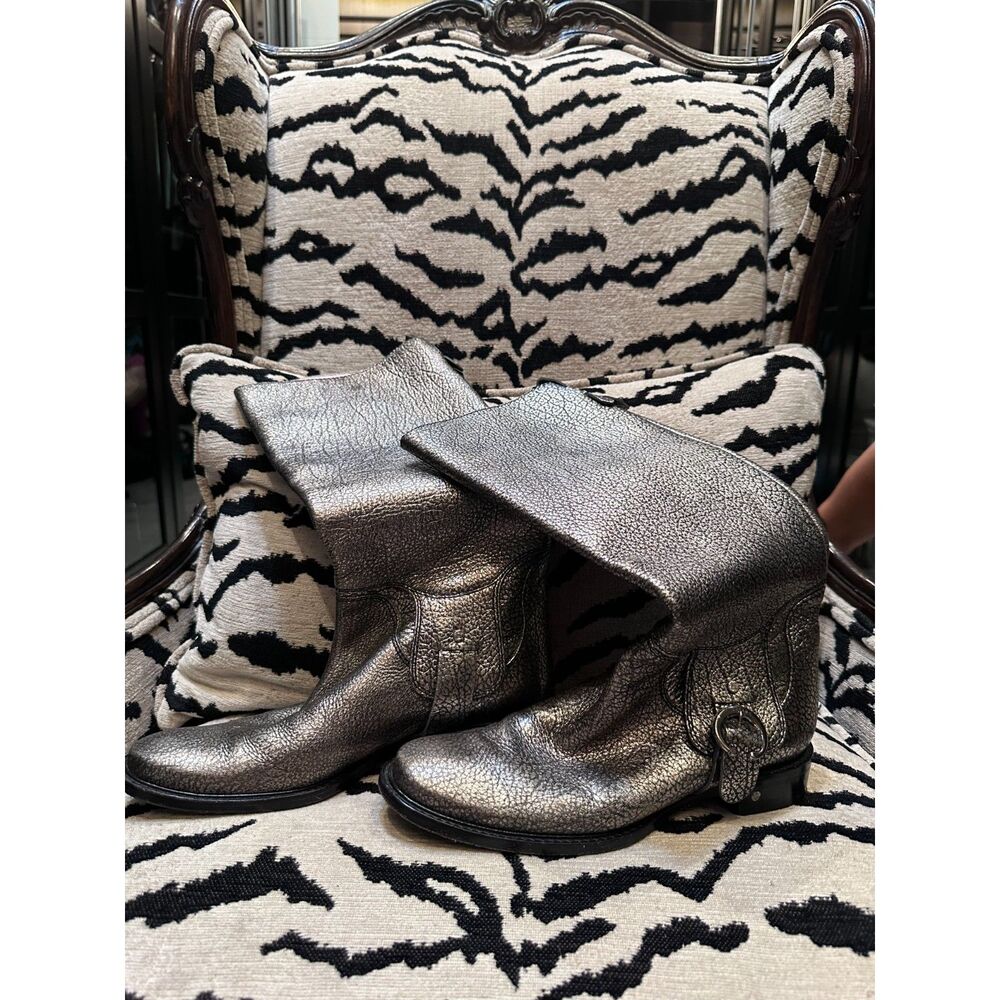 Archival Céline Michael Kors Era Metallic Silver Crackle Leather Cowboy Boots 39